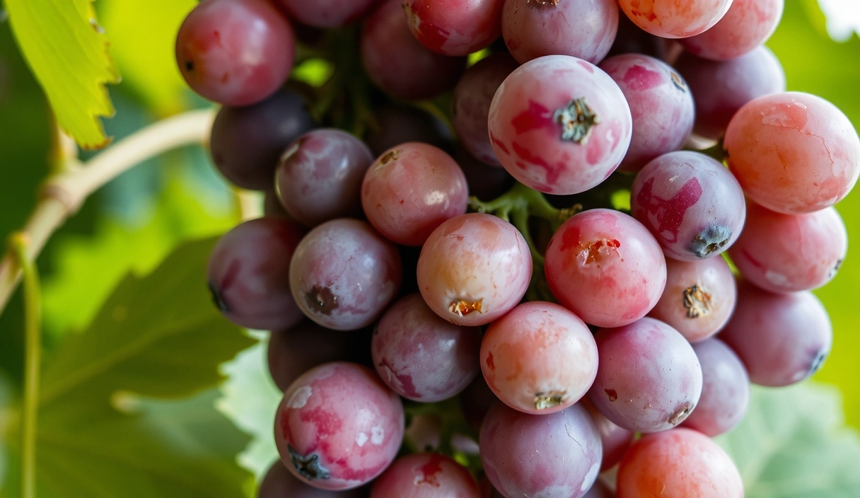 Un gros plan sur une grappe de raisin rouge, riche en resvératrol, avec des feuilles vertes en arrière-plan.